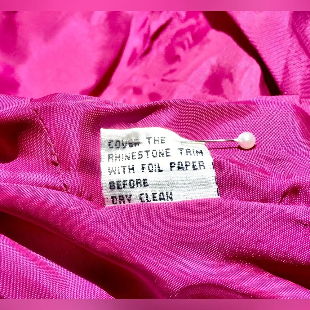 VINTAGE Pink empire waist silk maxi dress halter top deep V neck rhinestones Sz6 - Picture 12 of 14